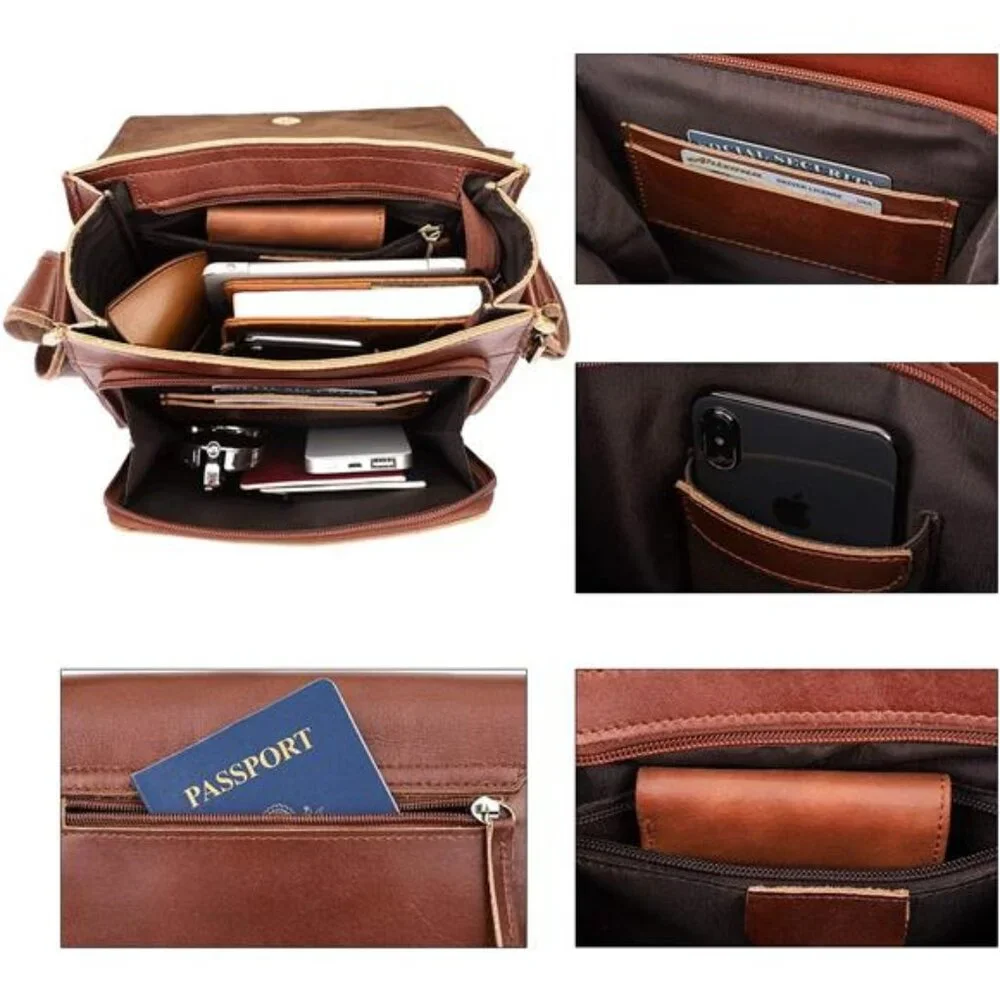 Leather Messenger Shoulder Crossbody Bag for Men Work Business Vintage Magnetic